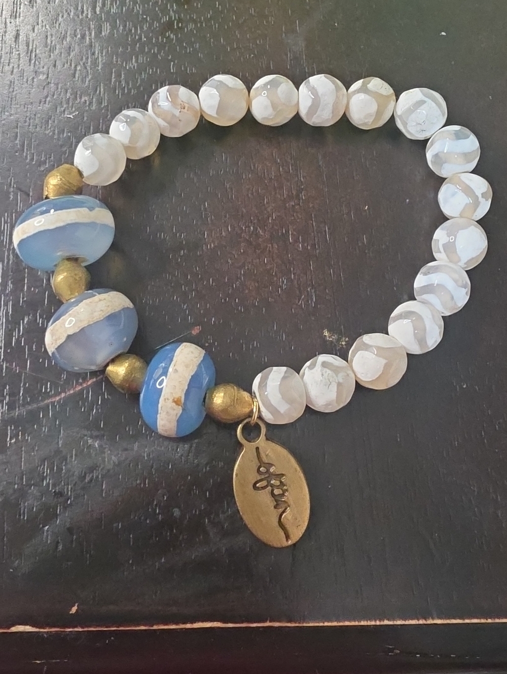 Blue & White Beaded Charm Bracelet with Brass Accents
